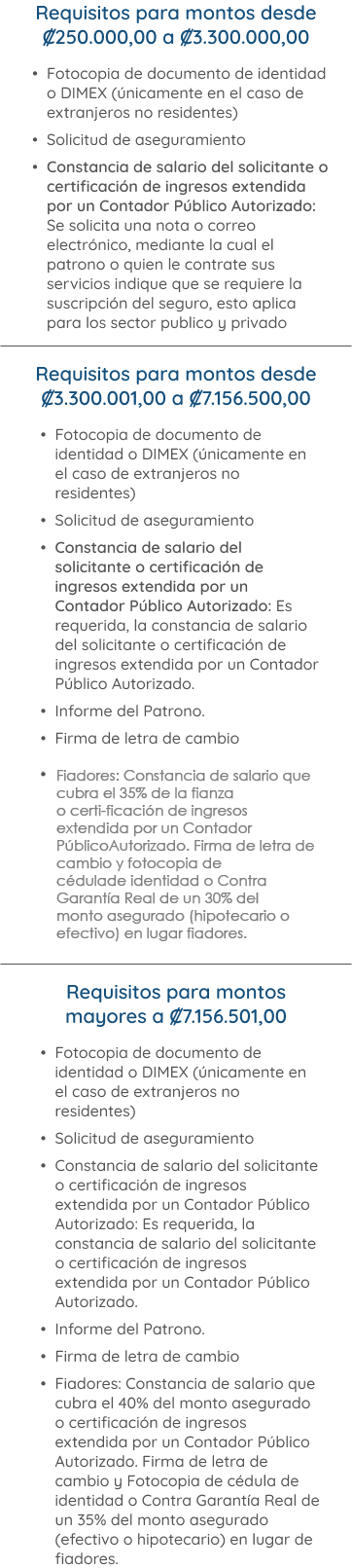 Tabla de requisitos para adquirir este seguro