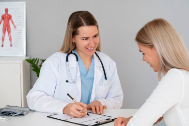 Doctora sonriendo dándole consulta a una paciente