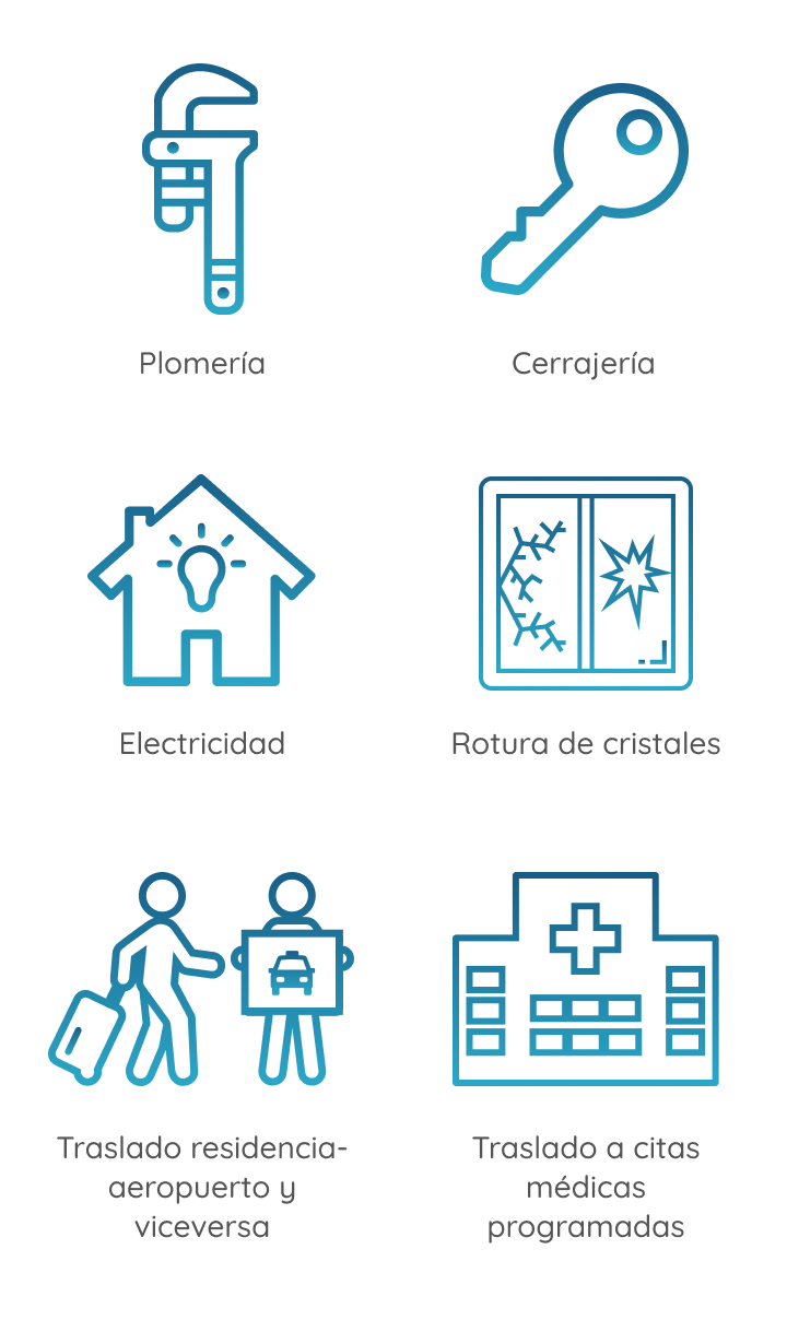 Servicios de la cobertura multiasistencia hogar Imagen: Servicios de la cobertura multiasistencia hogar: Plomería, Cerrajería, Electricidad, Rotura de Cristales, Traslado Residencia-aeropuerto y viceversa; Traslado a citas médicas programadas