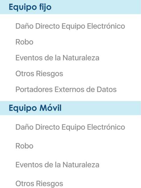 Equipo fijo y equipo movil: danos directos, robos, eventos de naturaleza y otros